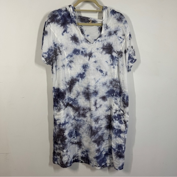XCVI Blue White Tie Dye Short Sleeve Hooded Cotton Linen Dress Size M - Picture 2 of 13
